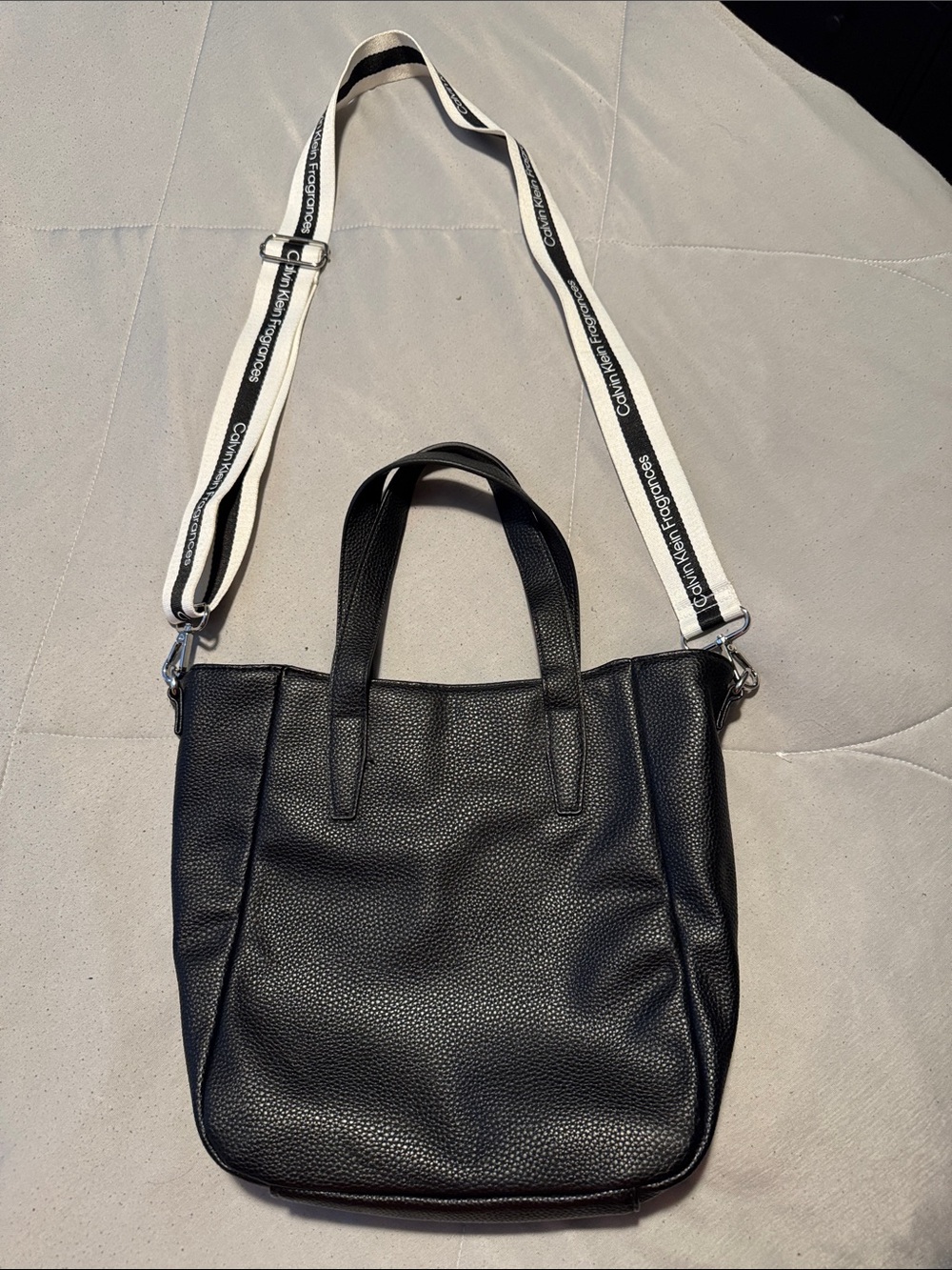 Calvin Klein Fragrances Black Leather Tote with Removable Contrast Branded Strap